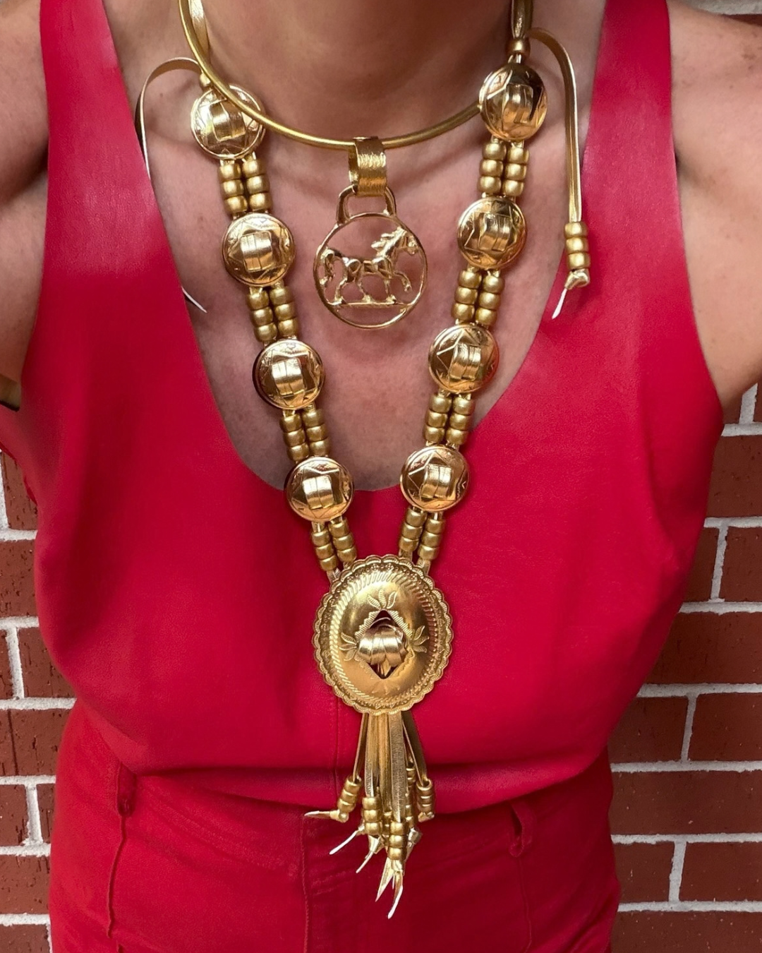 Gold Leather Concho Necklace