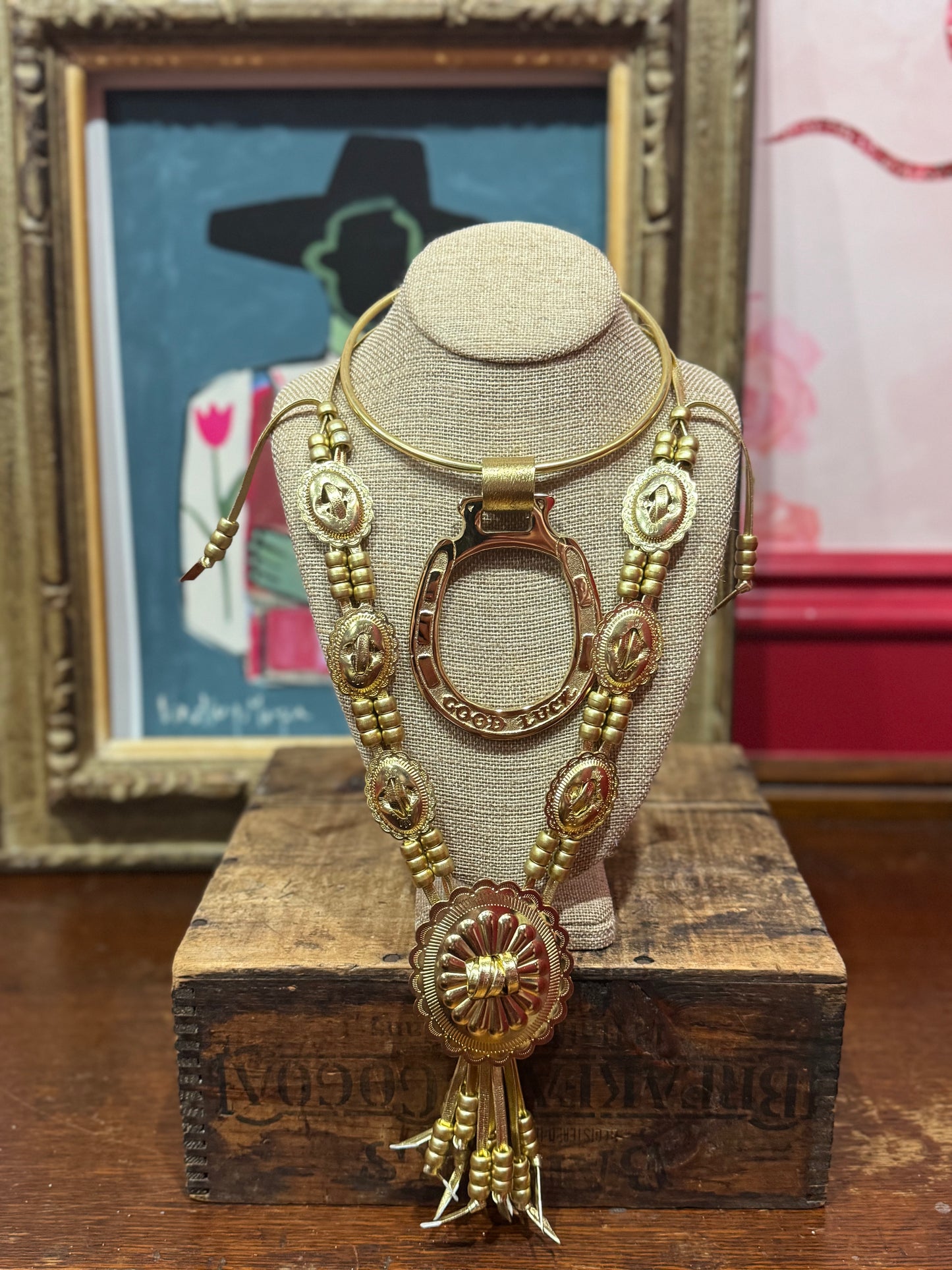 Gold leather concho necklace