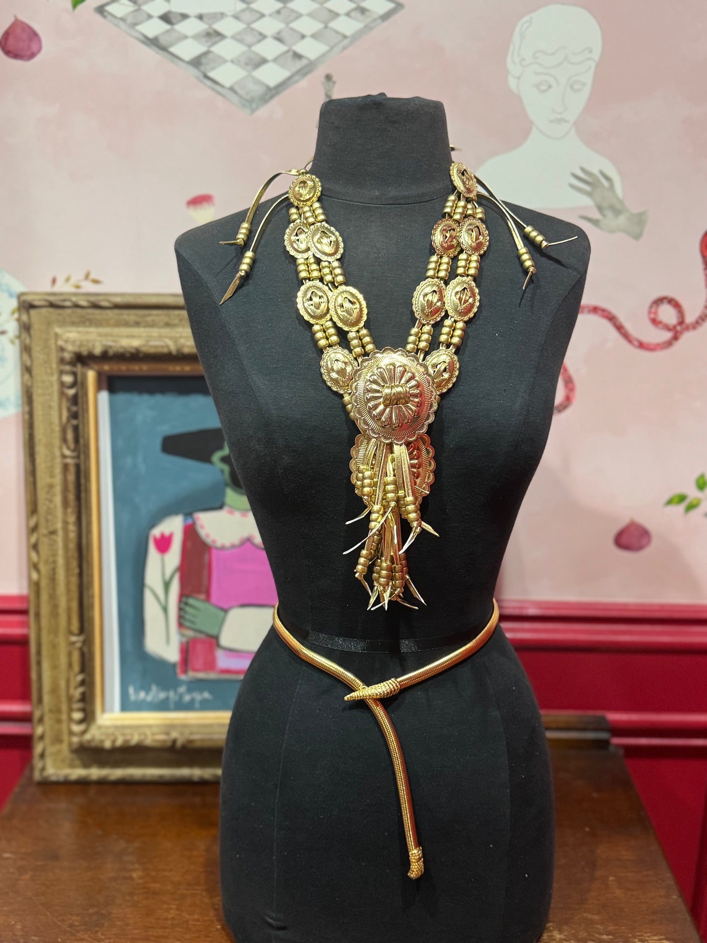Gold leather concho necklace